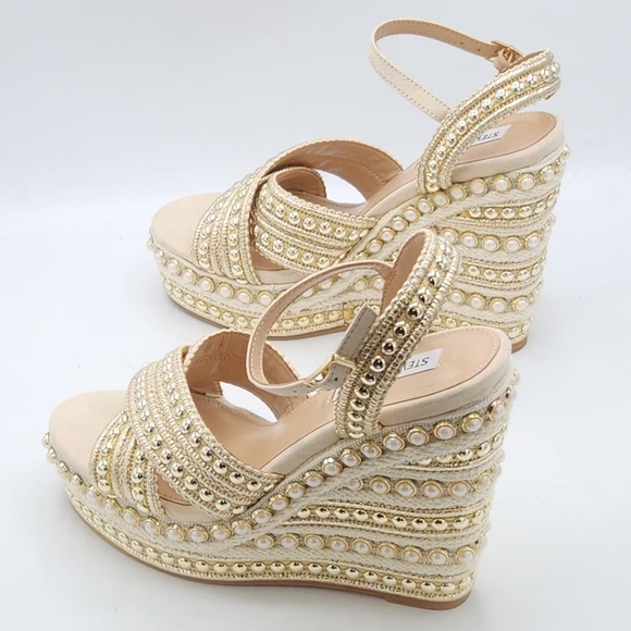 Steve Madden Juniper Raffia Platform Gold Pearls Accent Wedge Sandals Size 11. - Picture 5 of 16